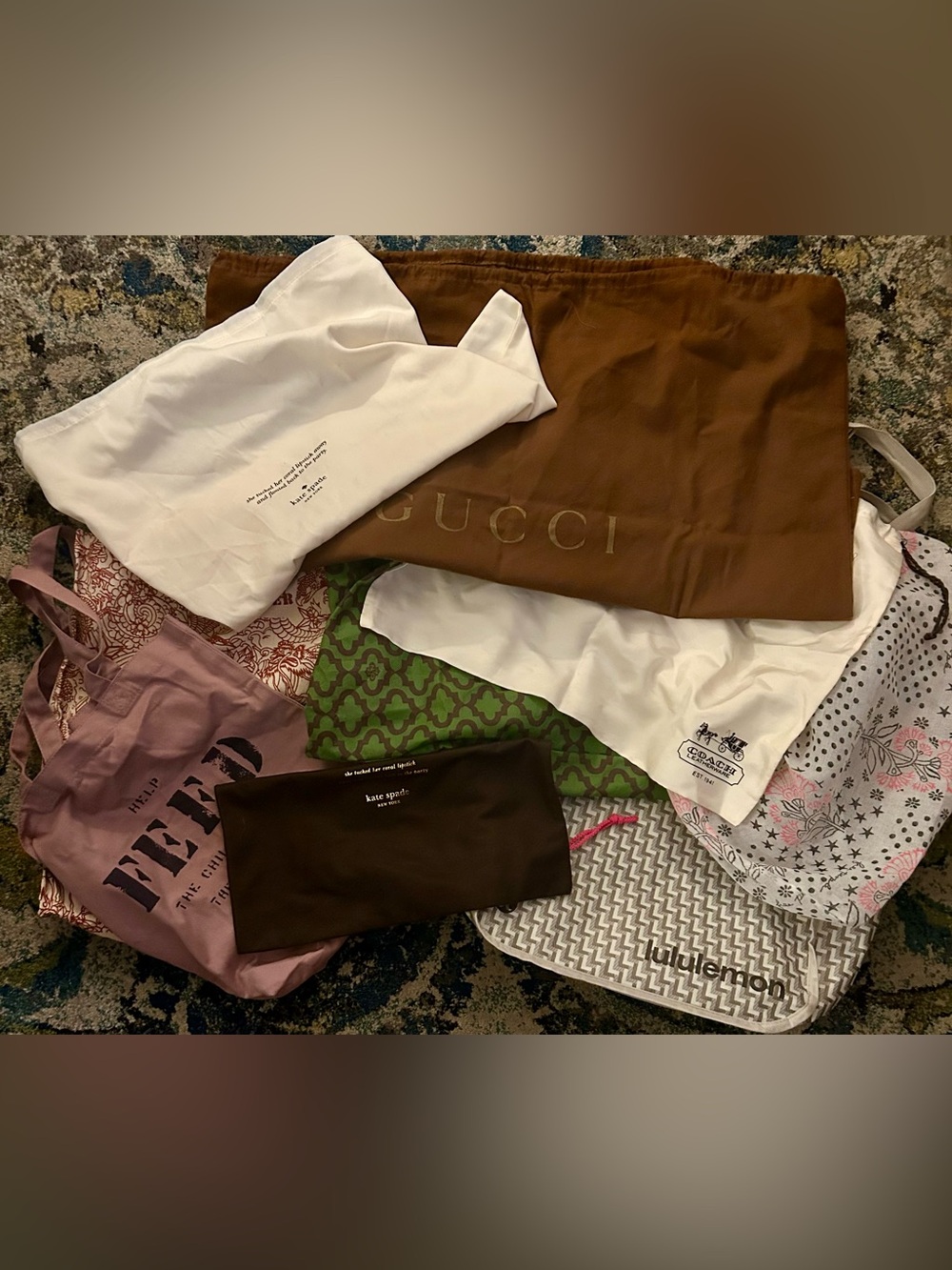 Lot of various designer totes/dust bags coach, lululemon, Gucci, free people